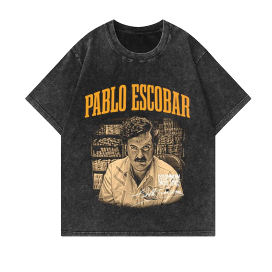 Pablo Escobar Oversized T-Shirt – Acid Wash Black | 240 GSM Cotton | Stayfunky - STAYFUNKY